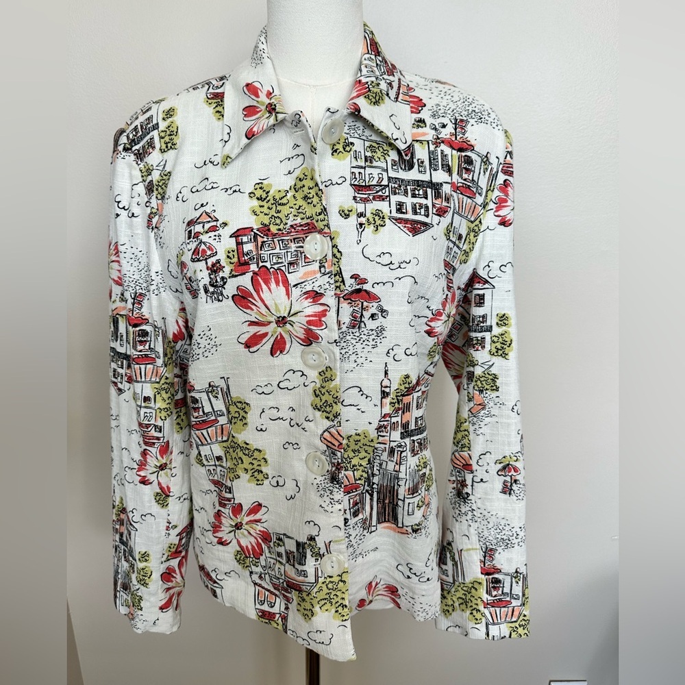 Coldwater Creek Cityscape Floral Linen Blend Blazer Jacket M